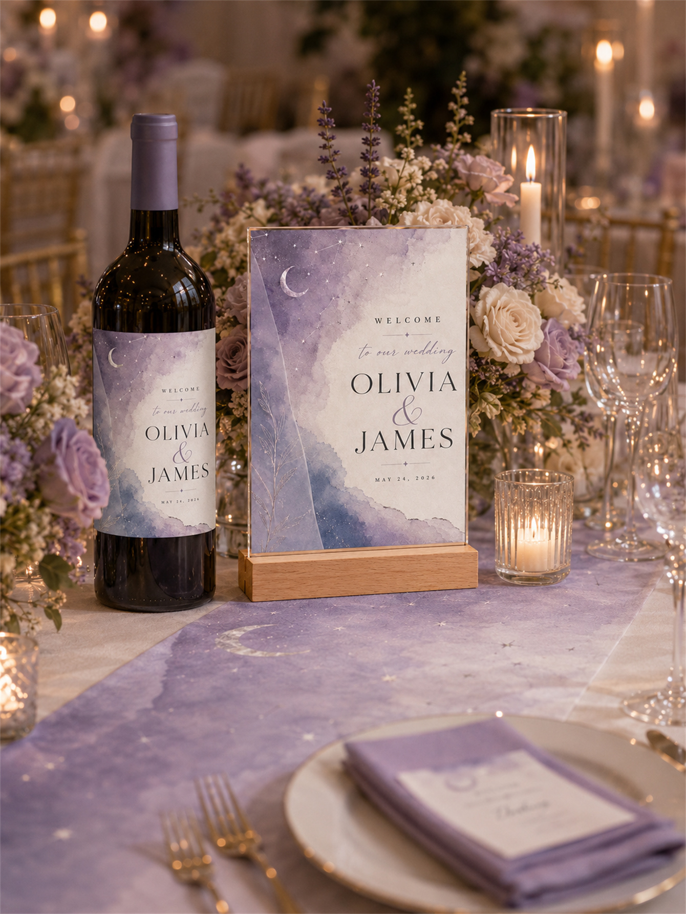 Customized celestial lavender wedding decorations - moon, stars and watercolor designs for a luxurious wedding - customized names and dates